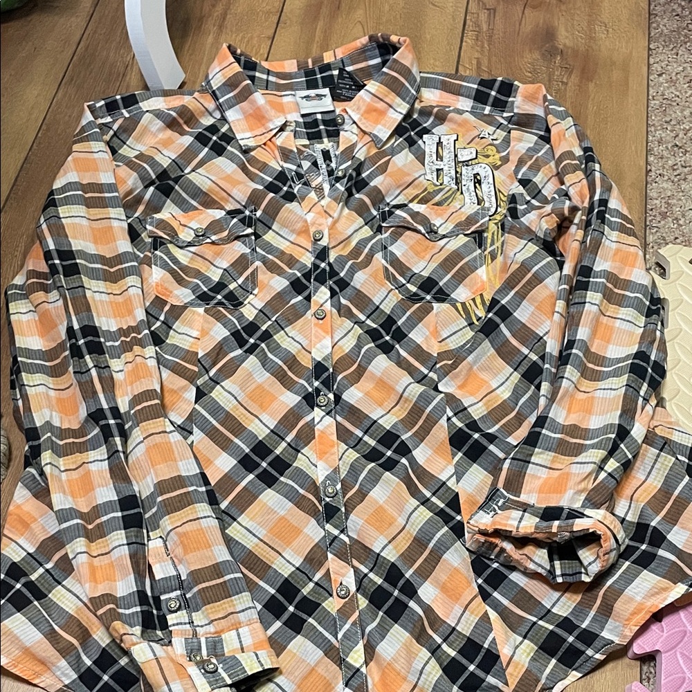 Harley-Davidson Orange and Black Plaid Button Down Shirt